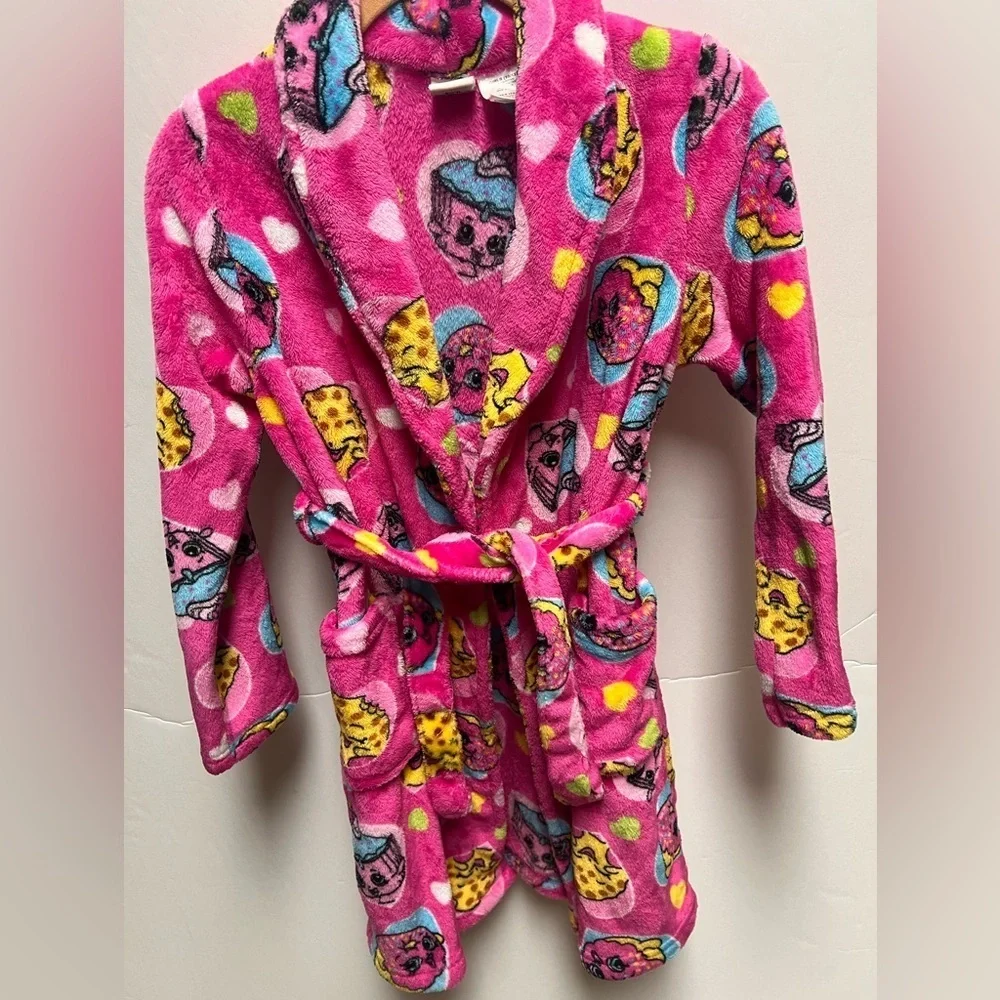 SHOPKINS GIRLS PLUSH PINK ROBE W/COLORFUL SHOPKINS CHARACTERS SIZE 10-12